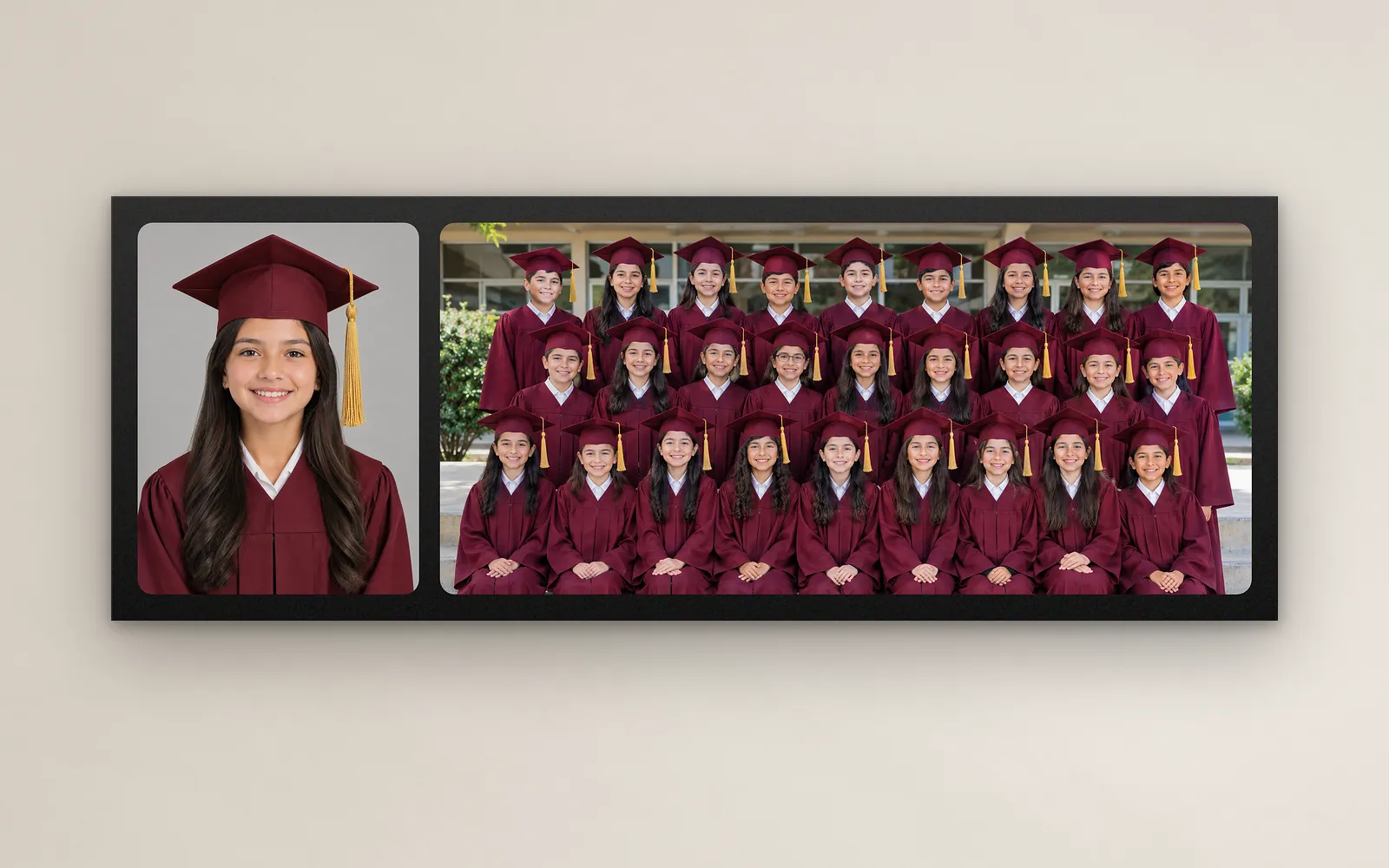 Cóncavo 2 escolar colgado en la pared: la foto de graduación de una alumna con toga y birrete guinda y la foto de su grupo con la misma toga, en un marco negro con dos ventanas curvas