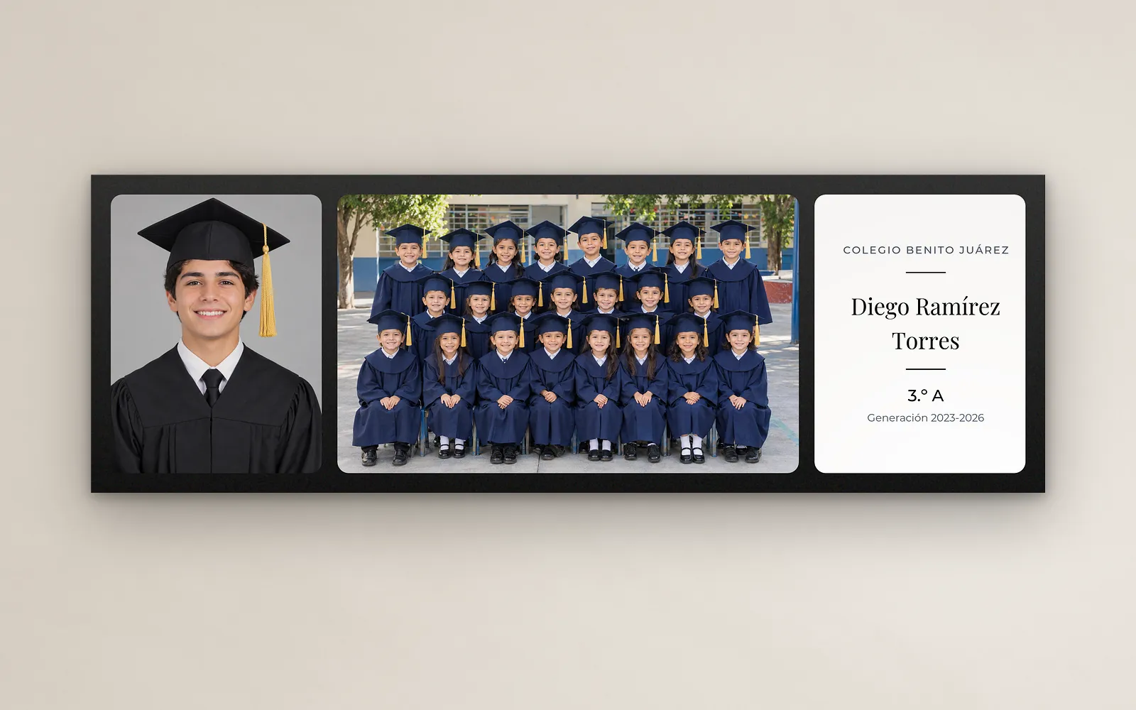 Cóncavo 3 escolar colgado en la pared: la foto de graduación de un alumno con toga negra, la foto de un grupo de graduados con toga azul marino y una placa con su nombre, grado, escuela y generación, en un marco negro
