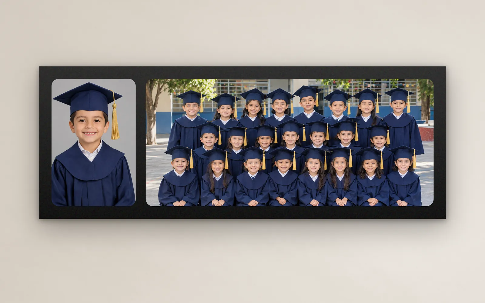 Mosaico escolar colgado en la pared: la foto de graduación de un niño con toga y birrete azul marino y la foto de su grupo de graduados con la misma toga, en un marco negro con dos ventanas