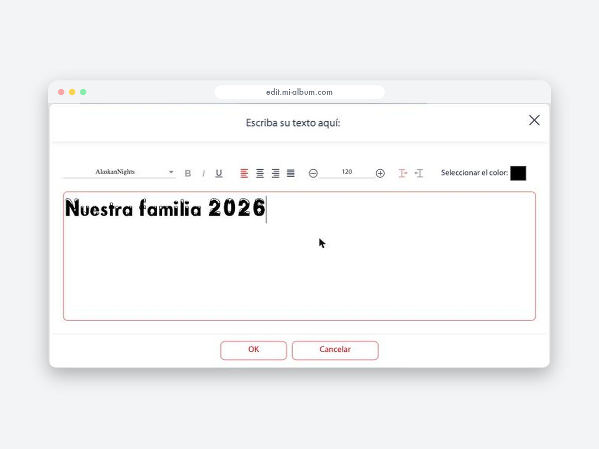 El cuadro de texto del editor, con tipografía, tamaño, alineación y color