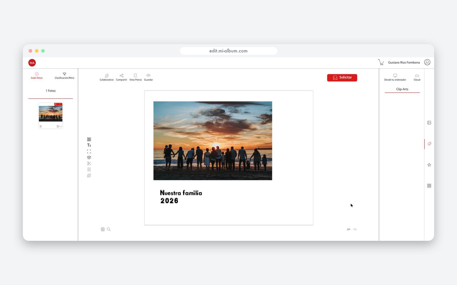 El editor gratis de Mi Álbum con una foto y un texto sobre el lienzo