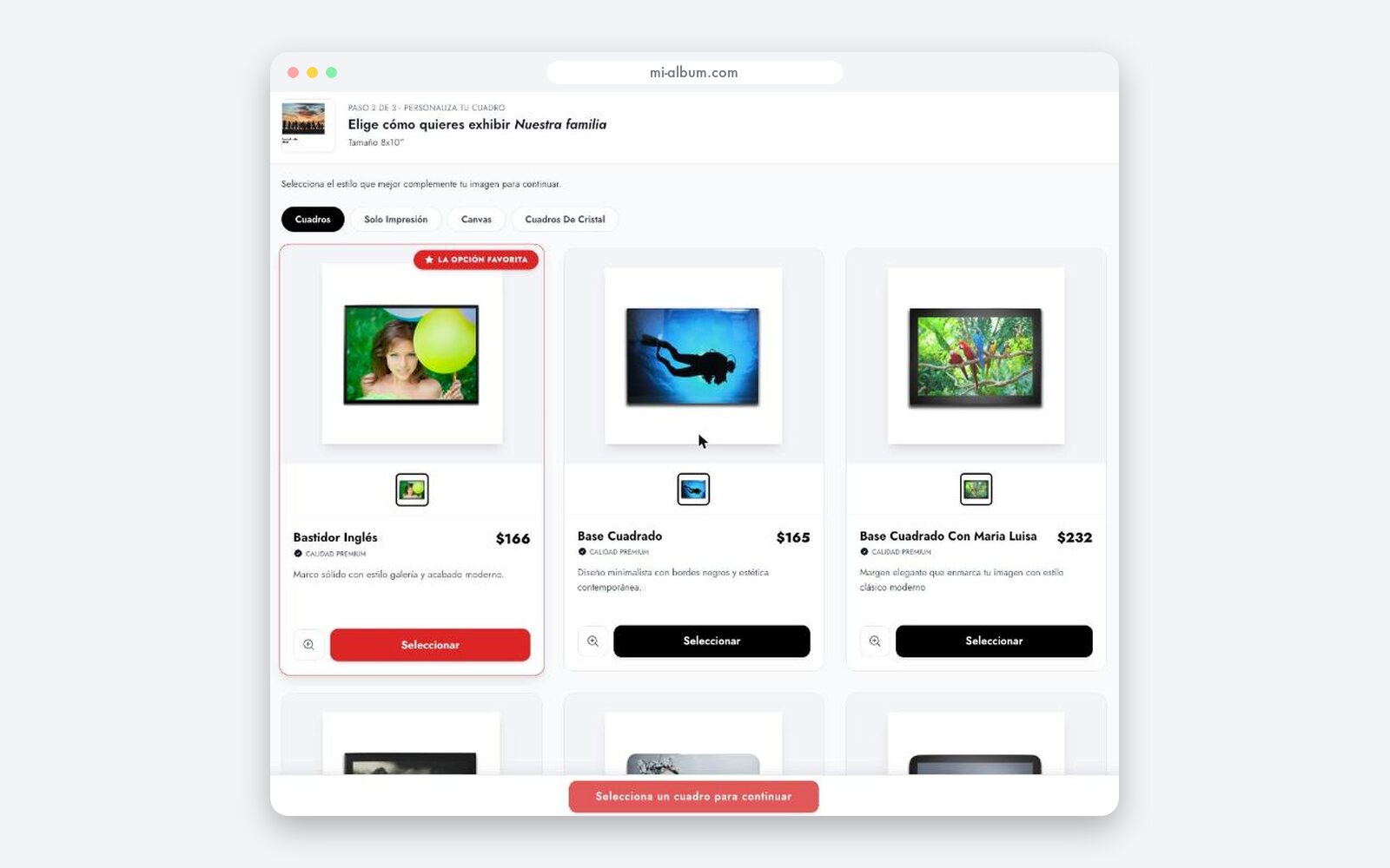La pantalla donde eliges en qué fabricamos tu diseño, con el precio de cada opción