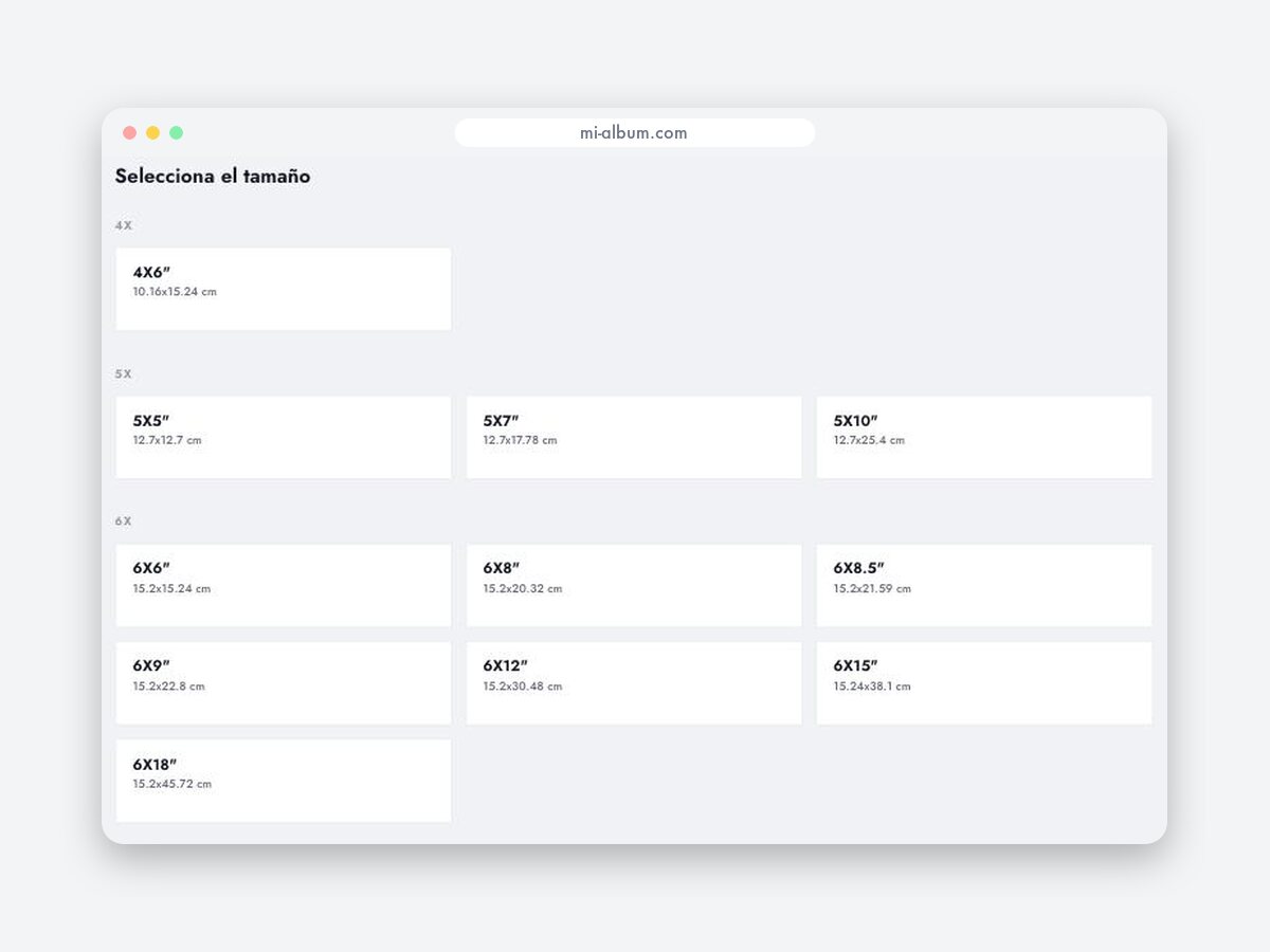 Lista de tamaños para elegir antes de abrir el editor
