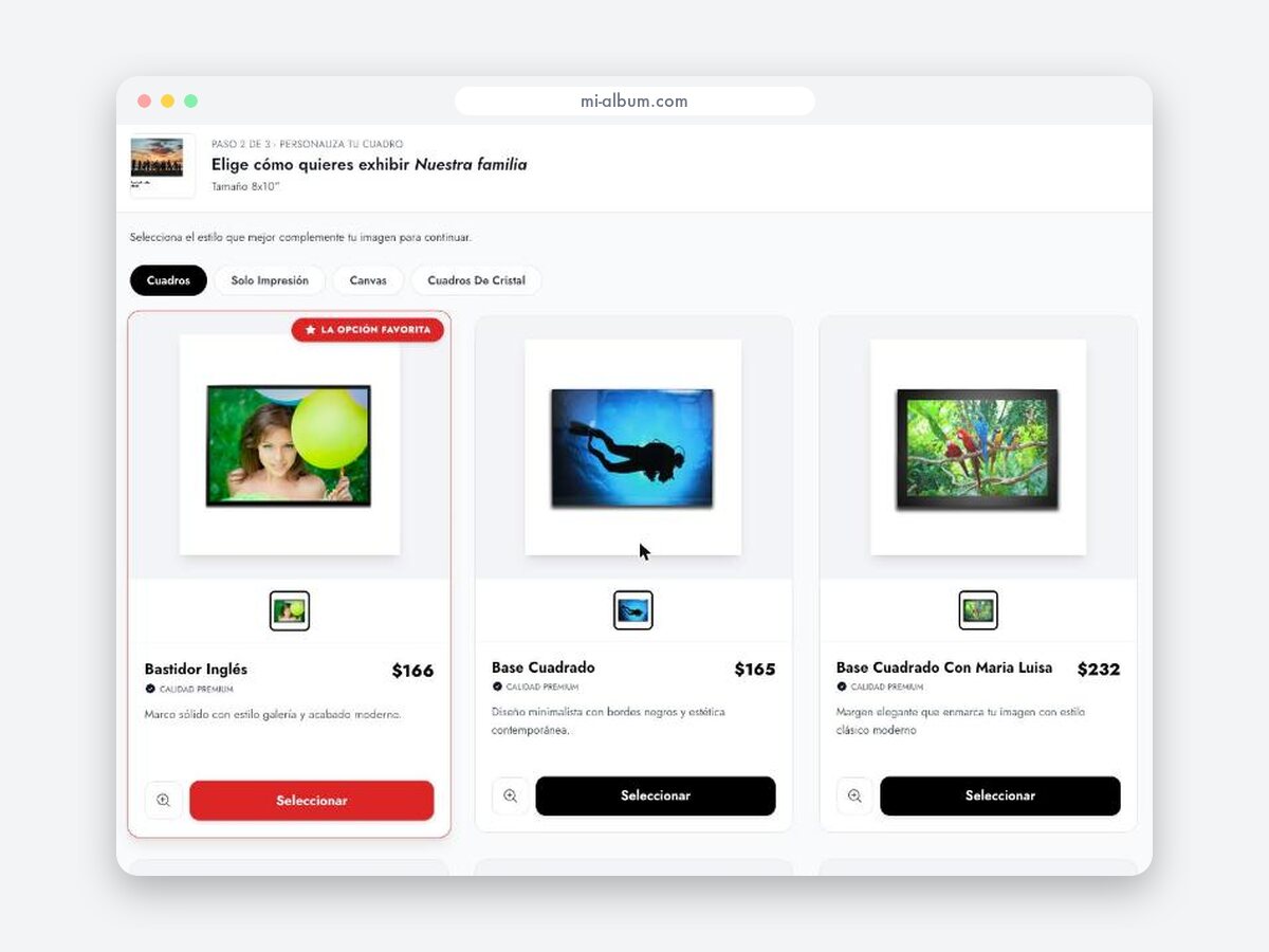 Opciones de cuadro con su precio para el diseño terminado