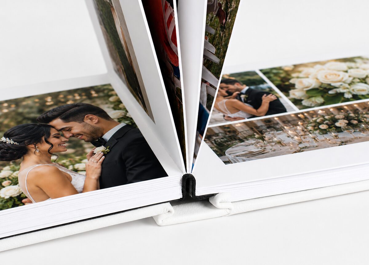 Álbum fotográfico layflat abierto, con fotografías de boda impresas a doble página