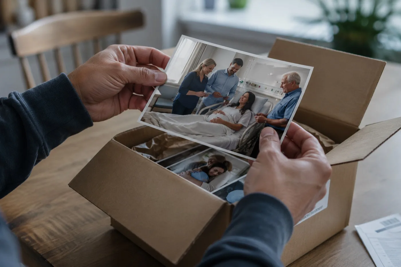 Unas manos sacan impresiones fotográficas recién llegadas de su caja