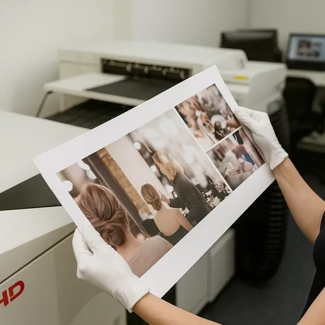 Una técnica con guantes blancos revisa una impresión grande recién salida de la máquina, en el laboratorio
