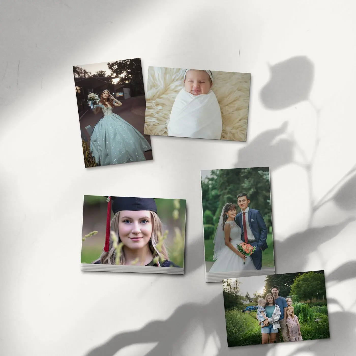 Impresiones sueltas y en pila de sesiones de XV años, boda, graduación y familia