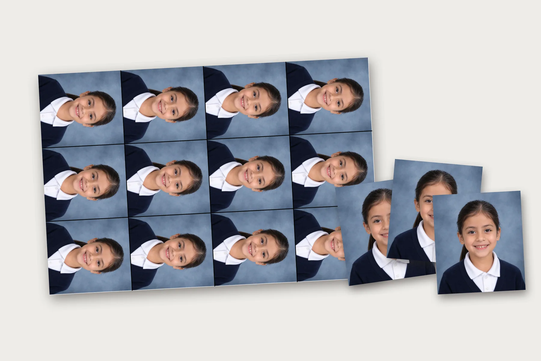 Hoja de 12 copias con la foto acostada y tres copias ya recortadas y derechas