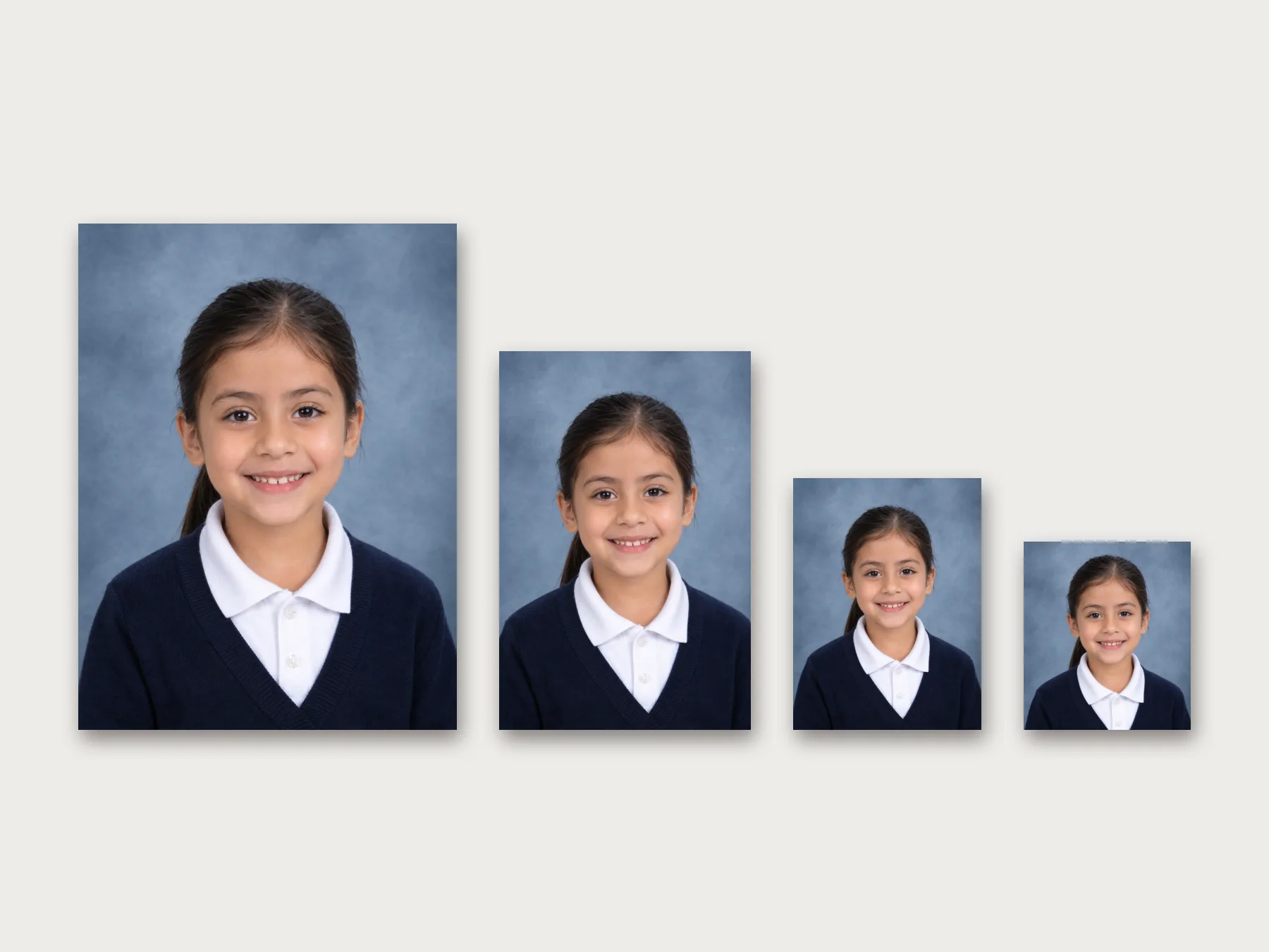 Las cuatro medidas de copia, recortadas y a escala: 7.5x10, 5x7.5, 4x5 y 3.5x4 cm