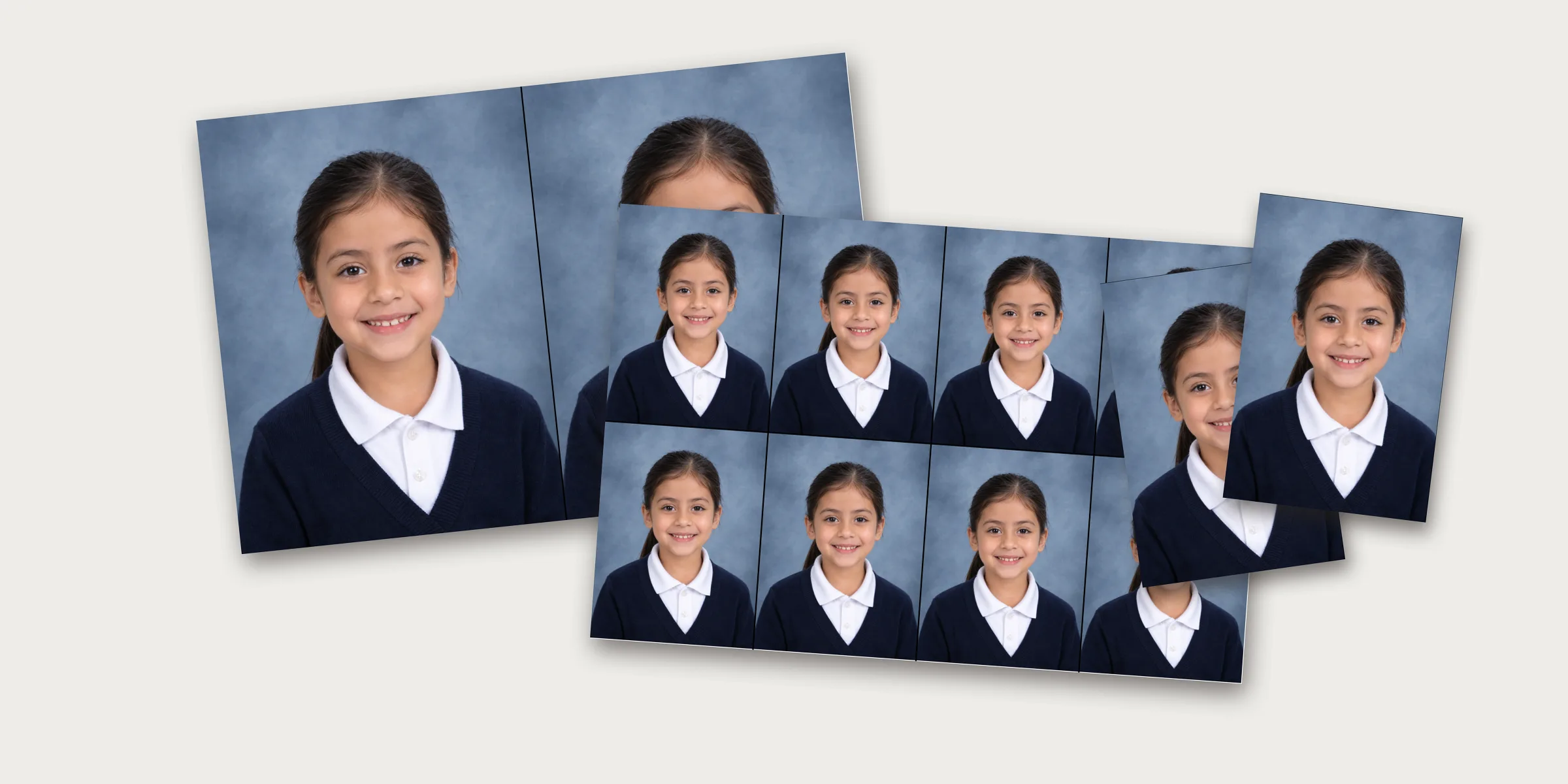 Hojas de copias de una foto escolar: 2 copias grandes, 8 copias chicas y dos copias ya recortadas