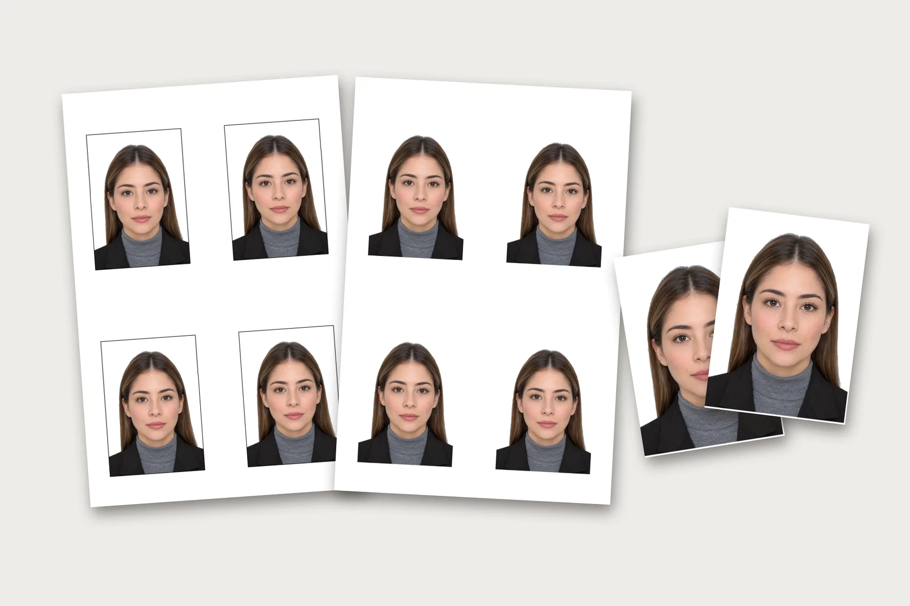 La misma hoja de fotos tamaño credencial con borde y sin borde, y dos copias ya recortadas