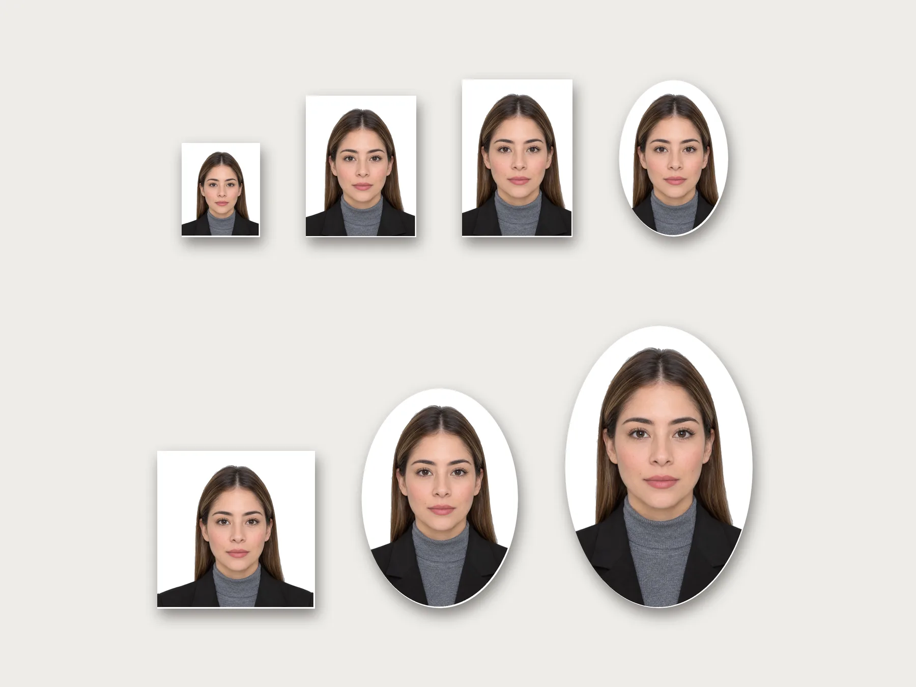 Las siete fotos de identificación recortadas, a escala: infantil, pasaporte, credencial, óvalo credencial, visa, diploma y título